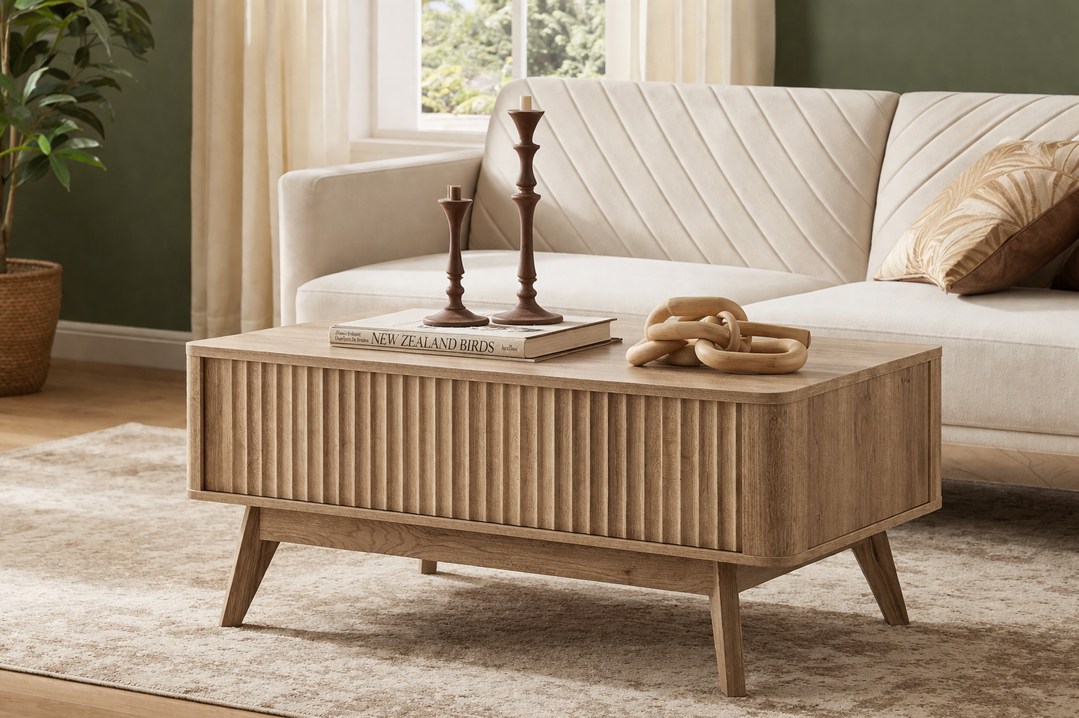 A warm wood coffee table styled with candles and books in a cozy living room.