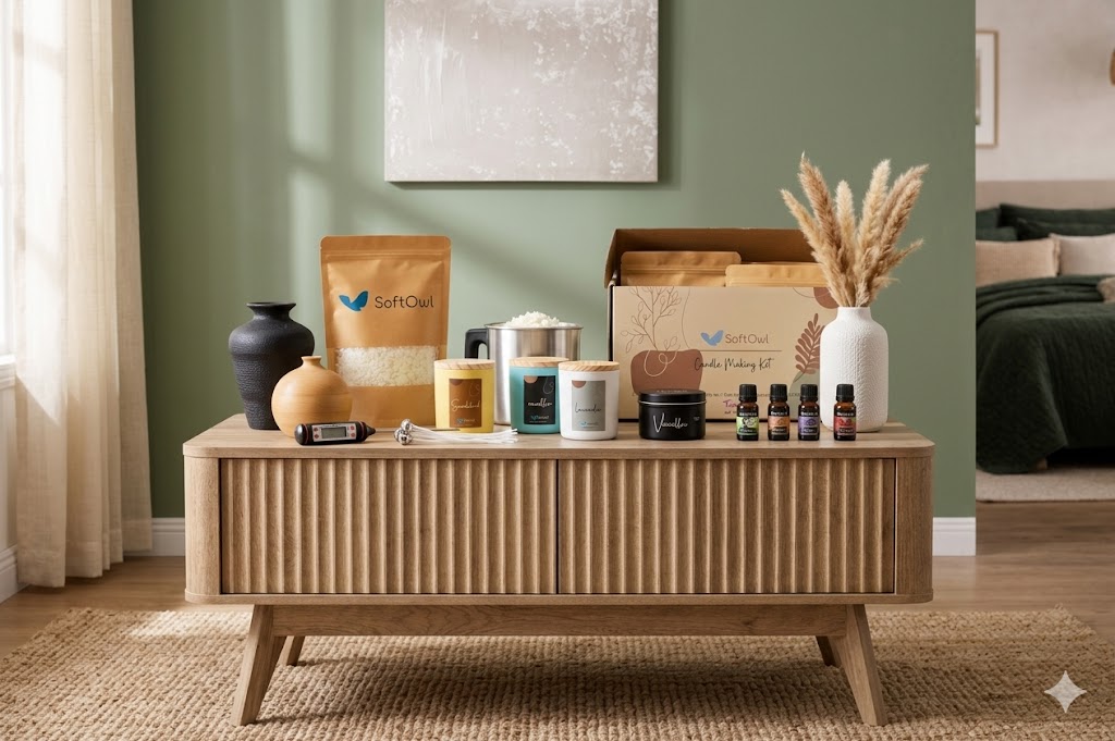 A candle making kit arranged on a coffee table in a cozy room.