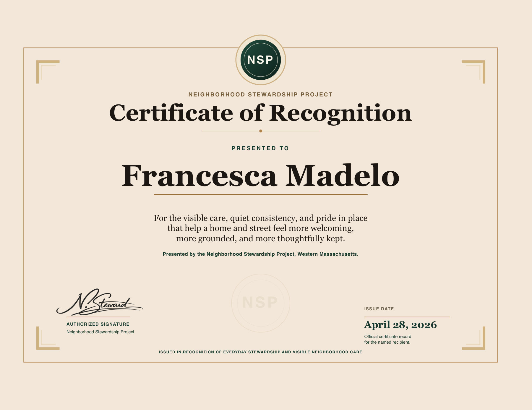 Sample Neighborhood Stewardship Project certificate with the placeholder name Jane Doe