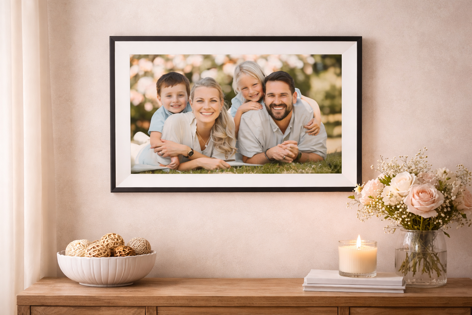 A digital picture frame displayed above a console with flowers and a candle.