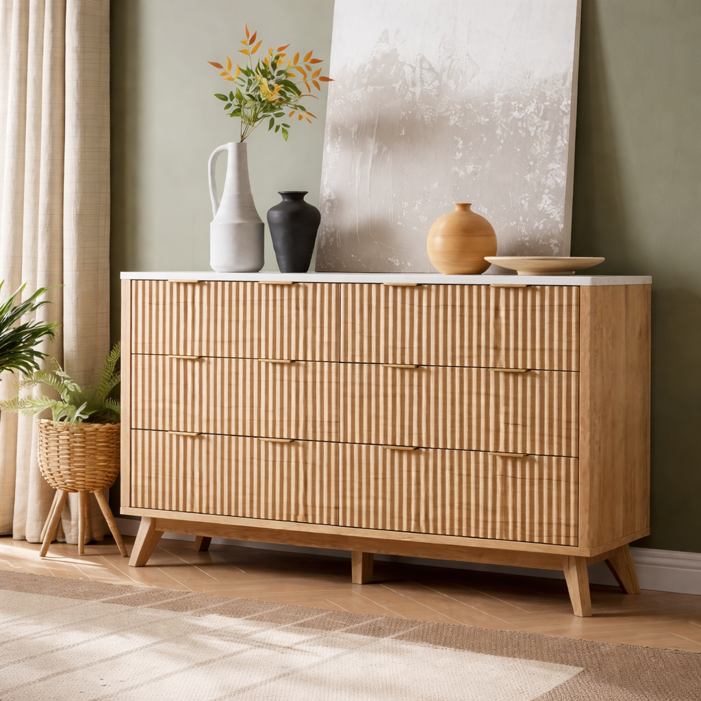 A warm wood dresser styled with vases and artwork in a calm, cozy room.