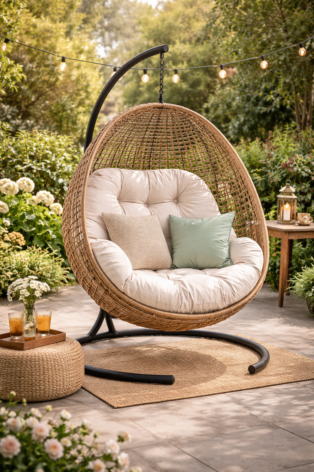 A hanging egg chair styled on a cozy garden patio.