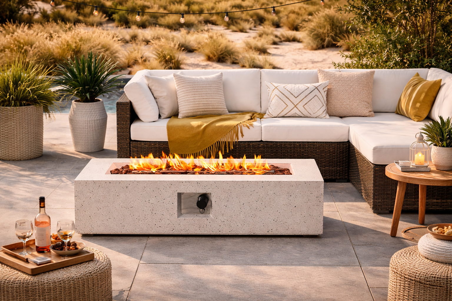 A modern outdoor fire pit in front of a comfortable patio sofa.