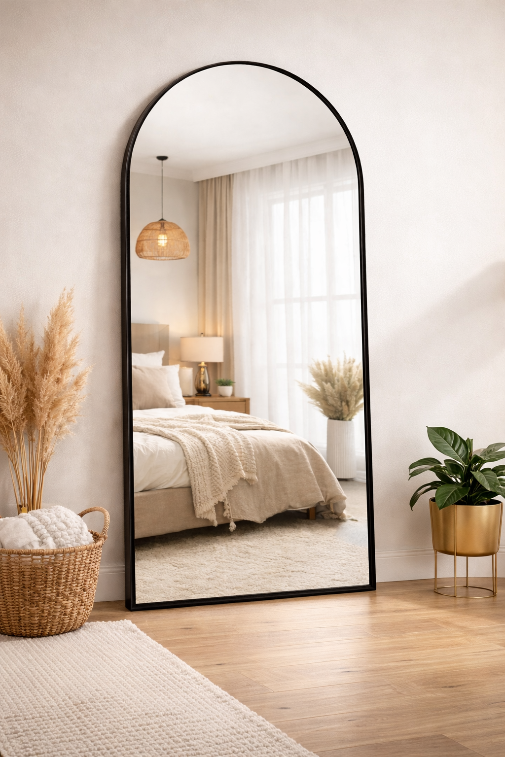 A tall arched mirror leaning in a bright bedroom corner.