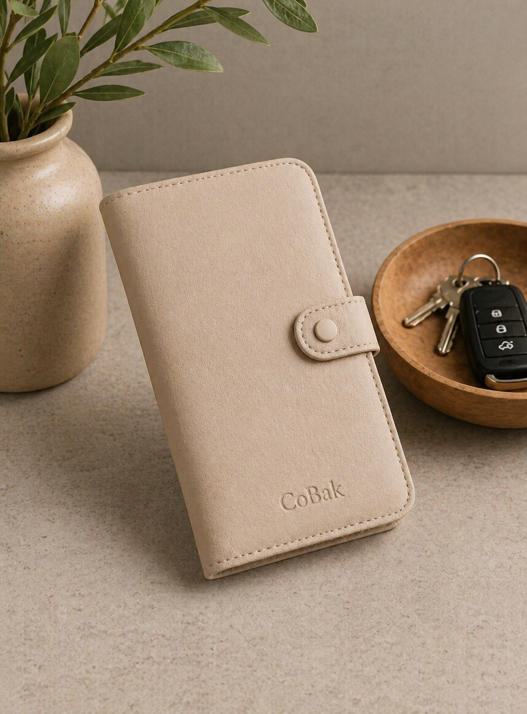 A beige car registration and insurance holder styled beside a wood key bowl.
