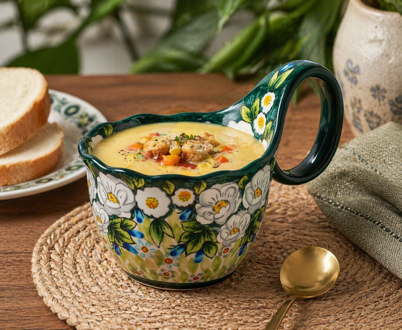 A floral green soup bowl on a warm kitchen table.