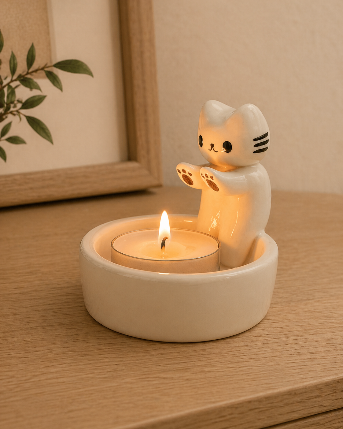 A small white kitten candle holder glowing on a warm wood shelf.