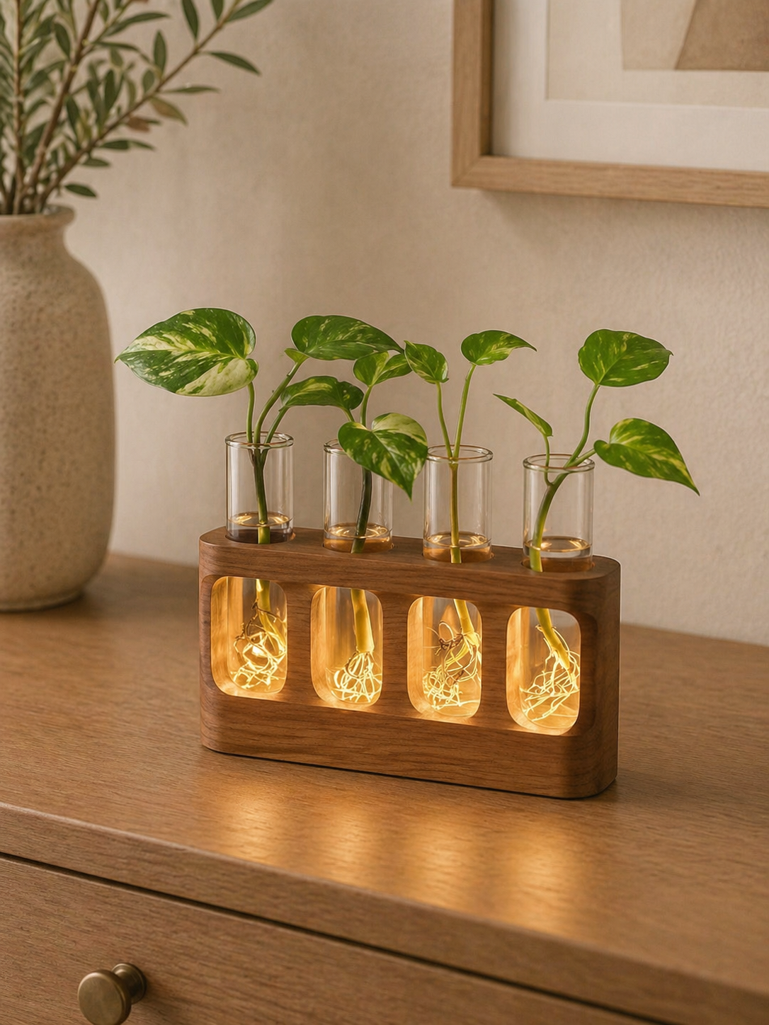 A plant propagation station glowing warmly on a wood dresser with leafy cuttings in glass tubes.