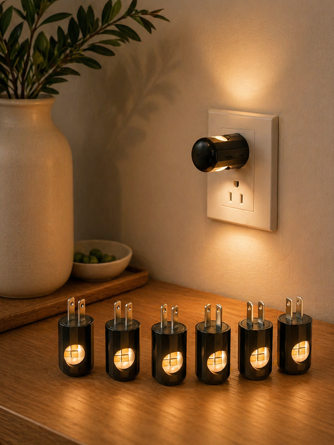 Small plug-in night lights glowing warmly near an outlet.