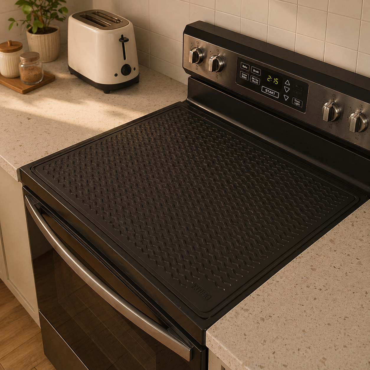 A clean silicone stove cover arranged on a simple kitchen cooktop.