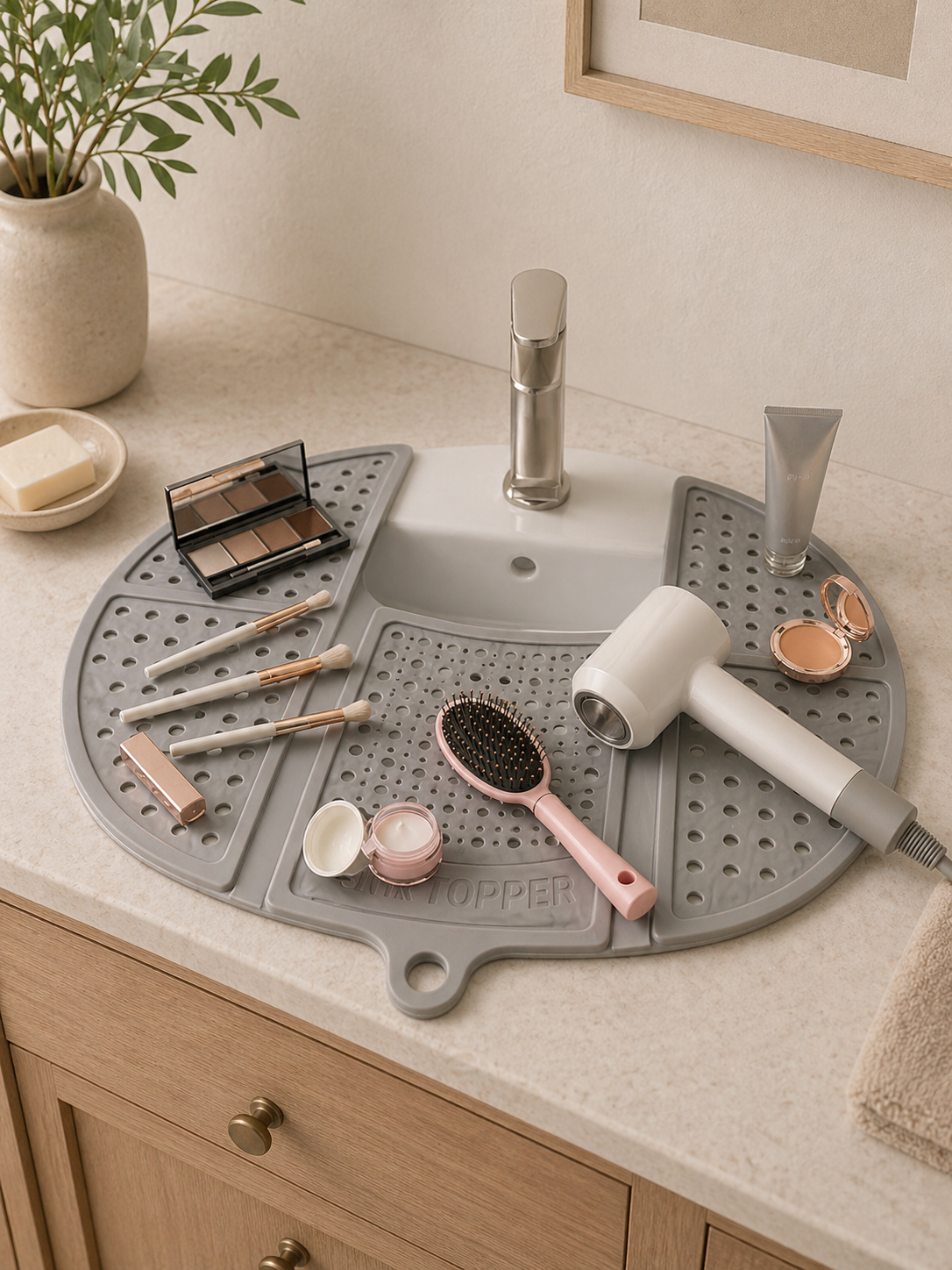 A bathroom sink topper holding makeup brushes, a hair dryer, and small vanity items.