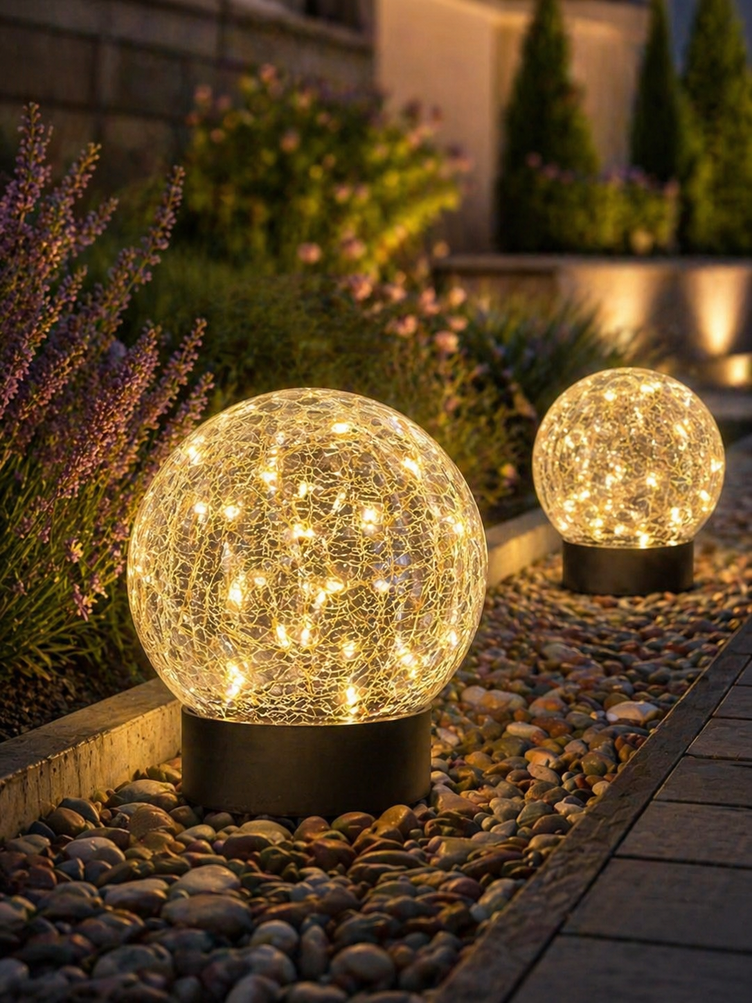 Round solar globe lights glowing softly along a garden path.