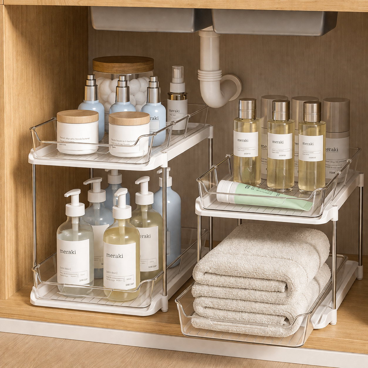A two-tier under-sink organizer styled with tidy bathroom bottles and towels.