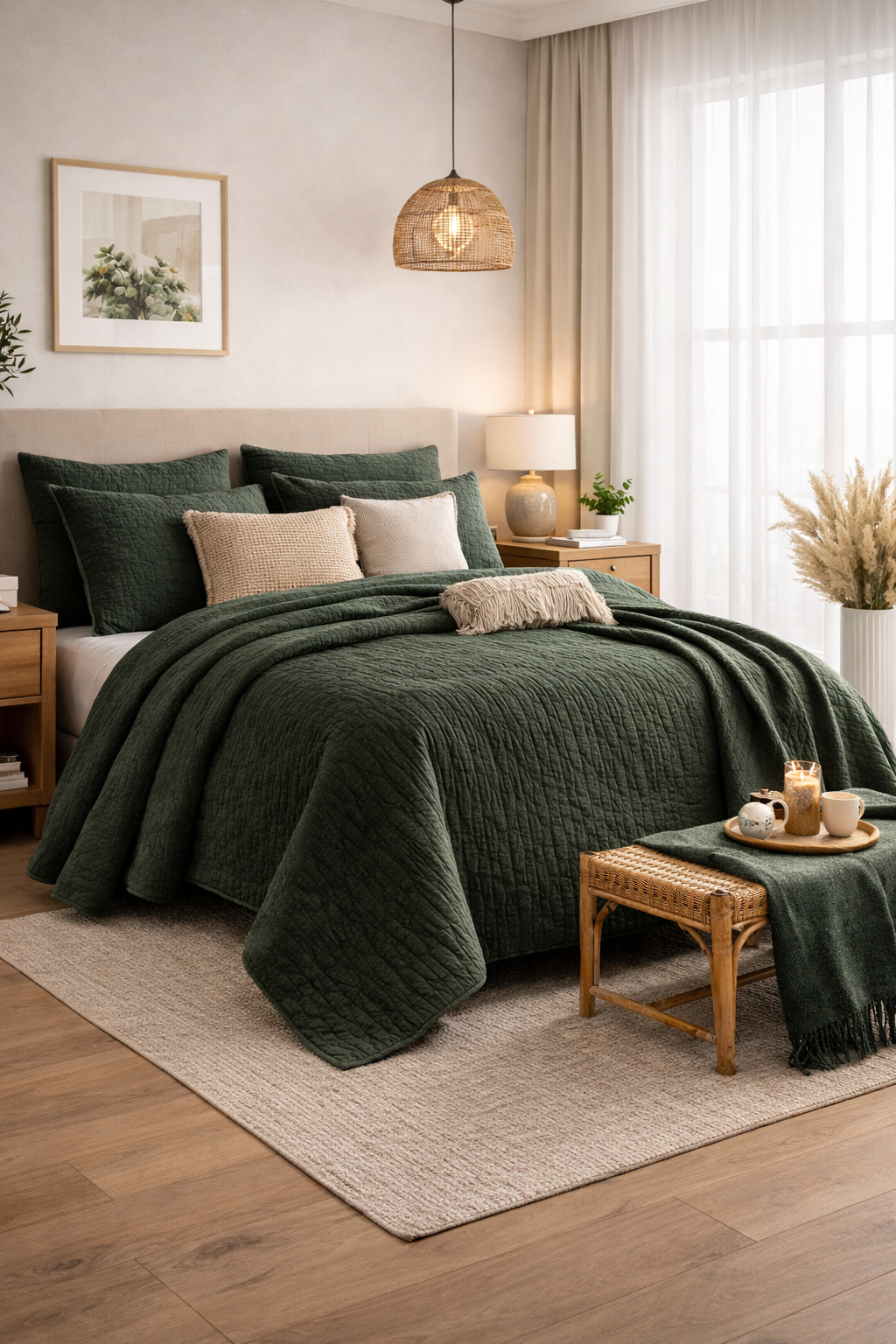 A deep green quilt layered across a warm, softly lit bed.